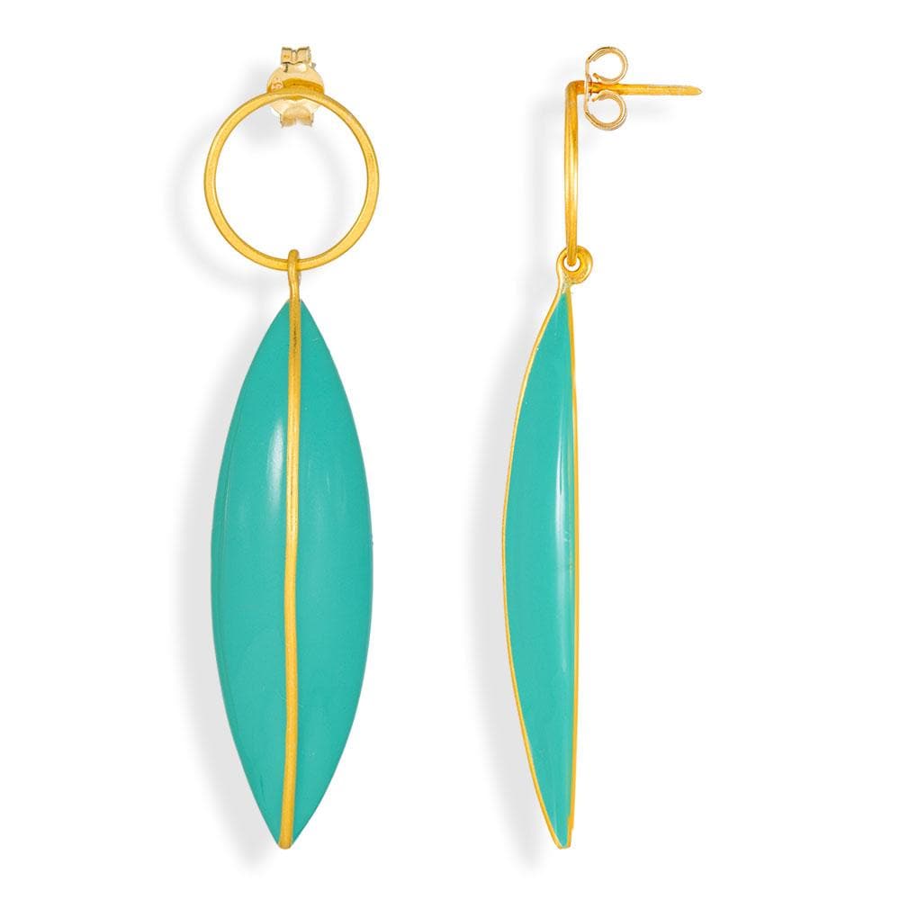Handmade Gold Plated Silver Earrings with Green Enamel Leaves - Anthos Crafts