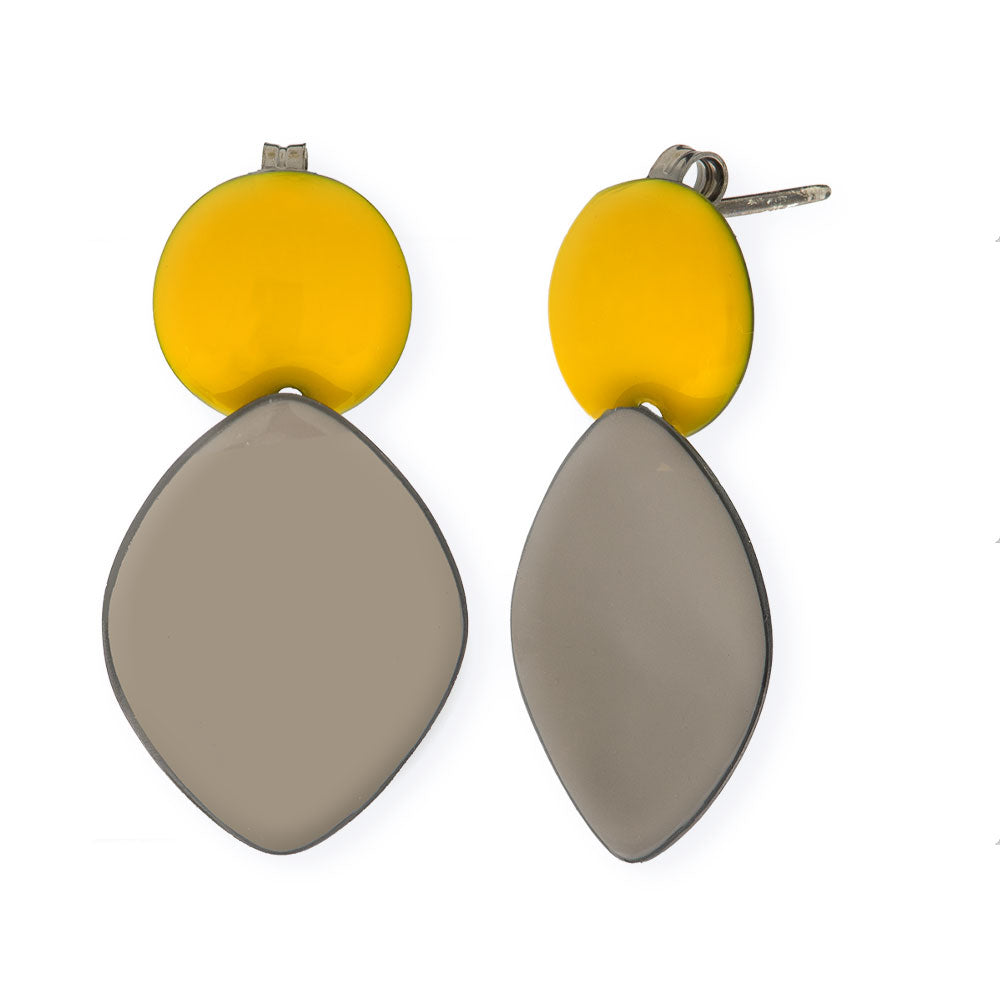 Handmade Rhodium Plated Silver Dangle Earrings with Yellow & Gray Enamel - Anthos Crafts