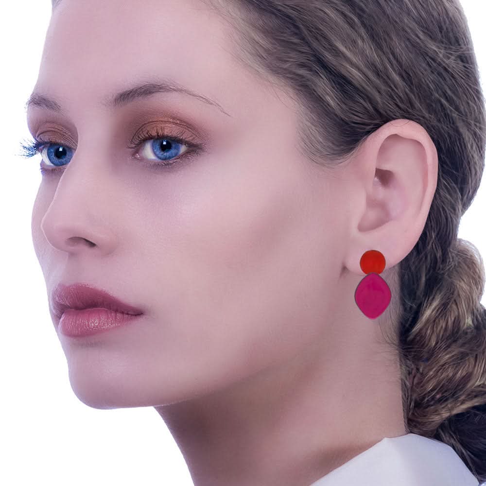 Handmade Rhodium Plated Silver Dangle Earrings with Red & Fucsia Enamel - Anthos Crafts