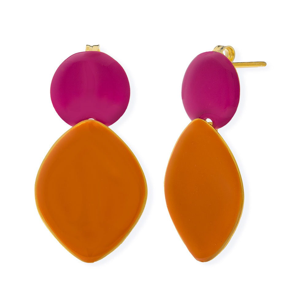 Handmade Gold Plated Silver Dangle Earrings with Orange & Fucsia Enamel - Anthos Crafts