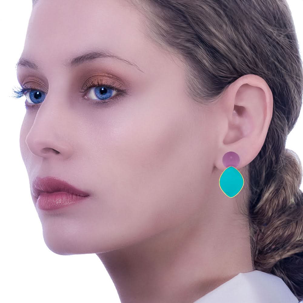 Handmade Gold Plated Silver Dangle Earrings with Purple & Tourquoise Enamel - Anthos Crafts