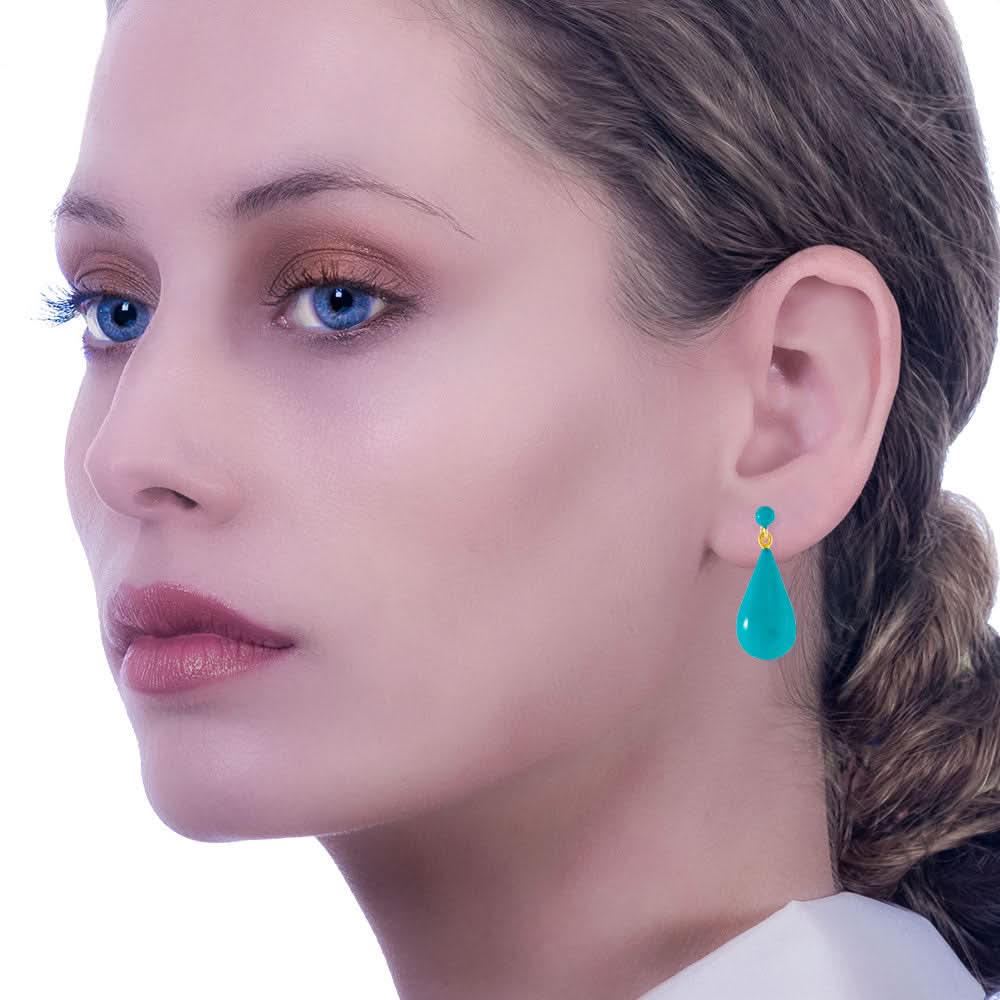 Handmade Gold Plated Silver Dangle Earrings with Turquoise Enamel Tears - Anthos Crafts