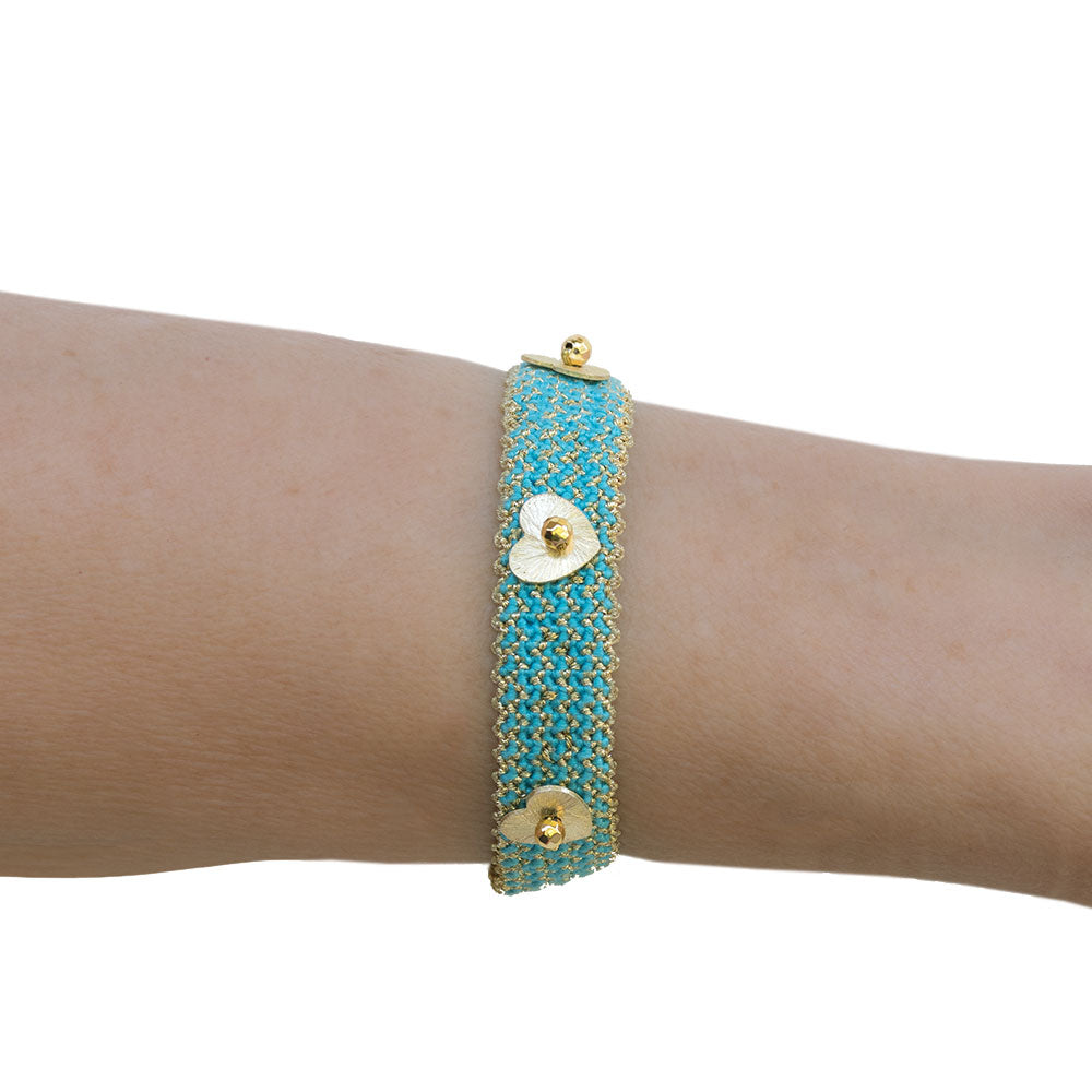 Handmade Macrame Turquoise Gold Bracelet With Gold Plated Silver Hearts - Anthos Crafts
