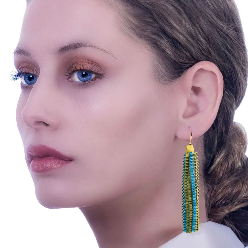 Satin Pleated Earrings Essilp Turquoise Gold E-TG - Anthos Crafts