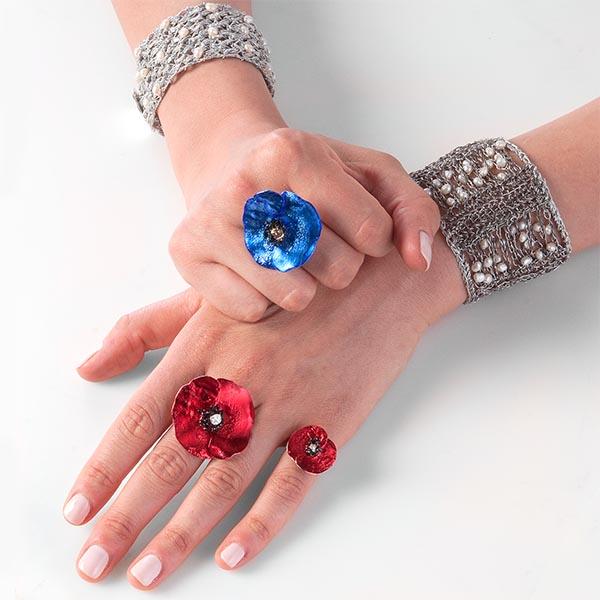 Handmade Sterling Silver Impressive Sky Blue Poppy Flower Ring - Anthos Crafts