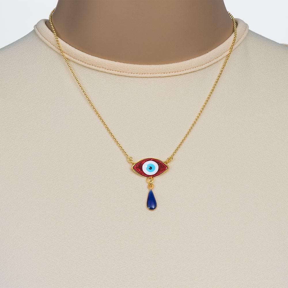 Handmade Short Necklace With Gold Plated Silver Orange Turquoise Enamel Evil Eye with Gemstones - Anthos Crafts