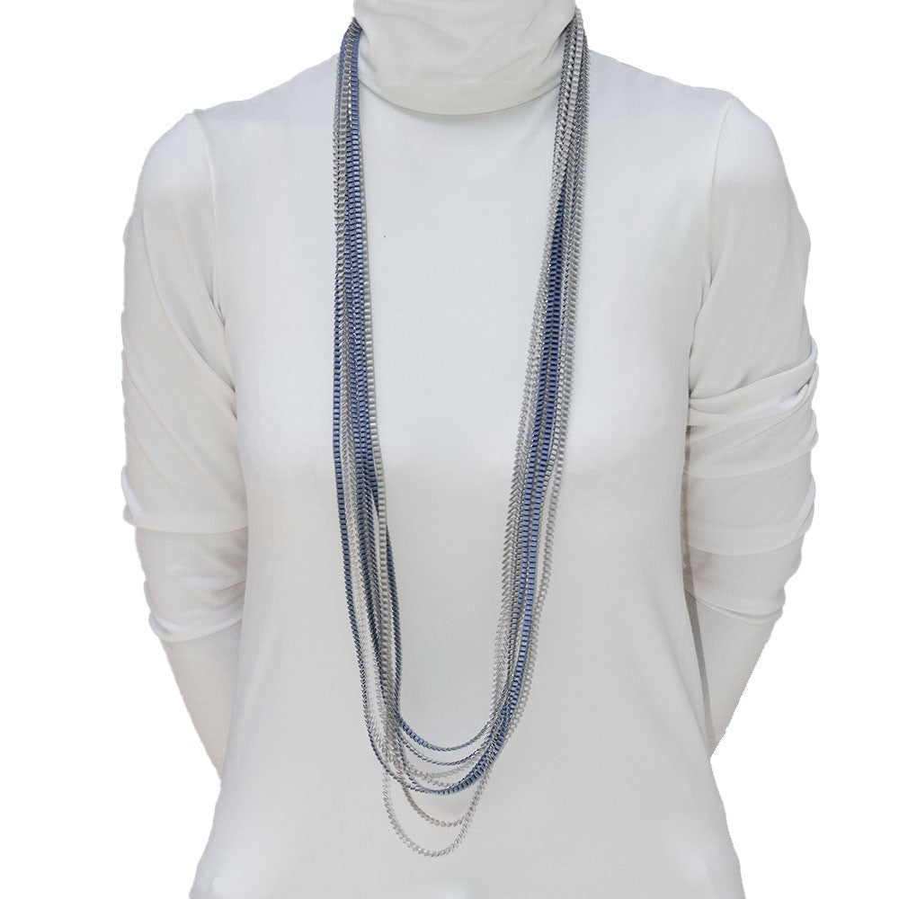 Satin Pleated Necklace Essilp Silver Blue KL-109 - Anthos Crafts