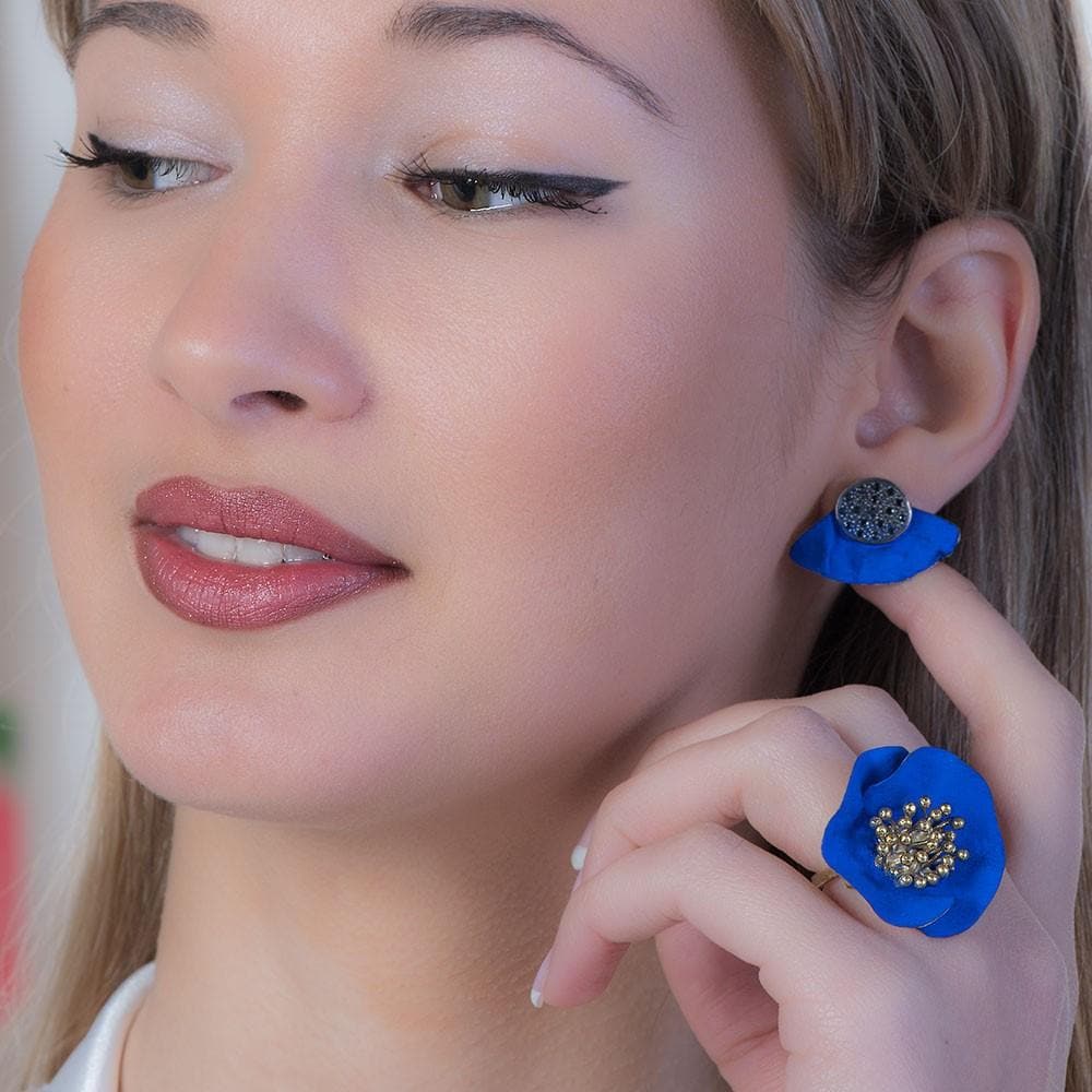 Handmade Gold Plated Silver Royal Blue Stud Earrings With Black Zirconia - Anthos Crafts