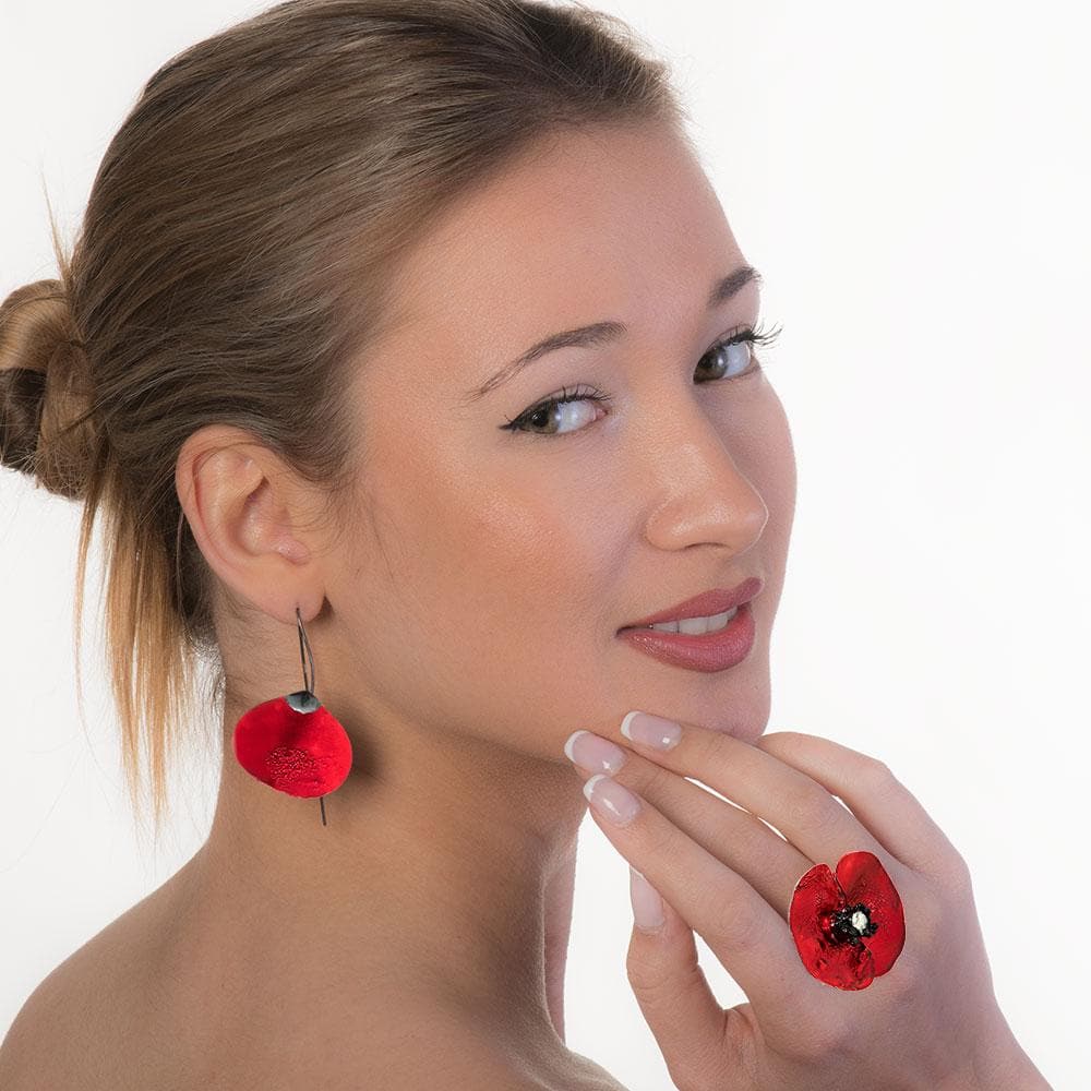 Handmade Black Silver Red Flower Impressive Drop Earrings - Anthos Crafts