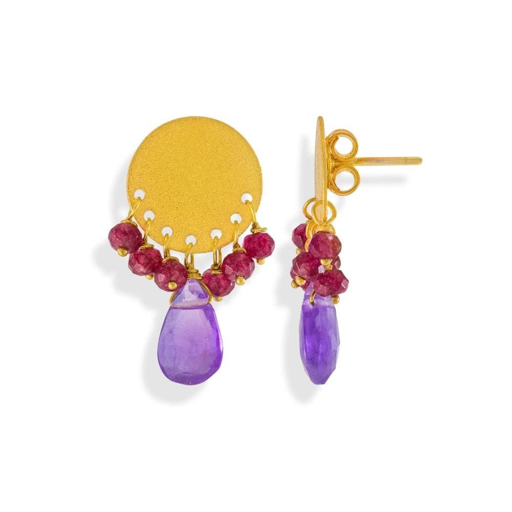 Handmade Gold Plated Silver Stud Earrings With Amethyst & Jade Gemstones - Anthos Crafts
