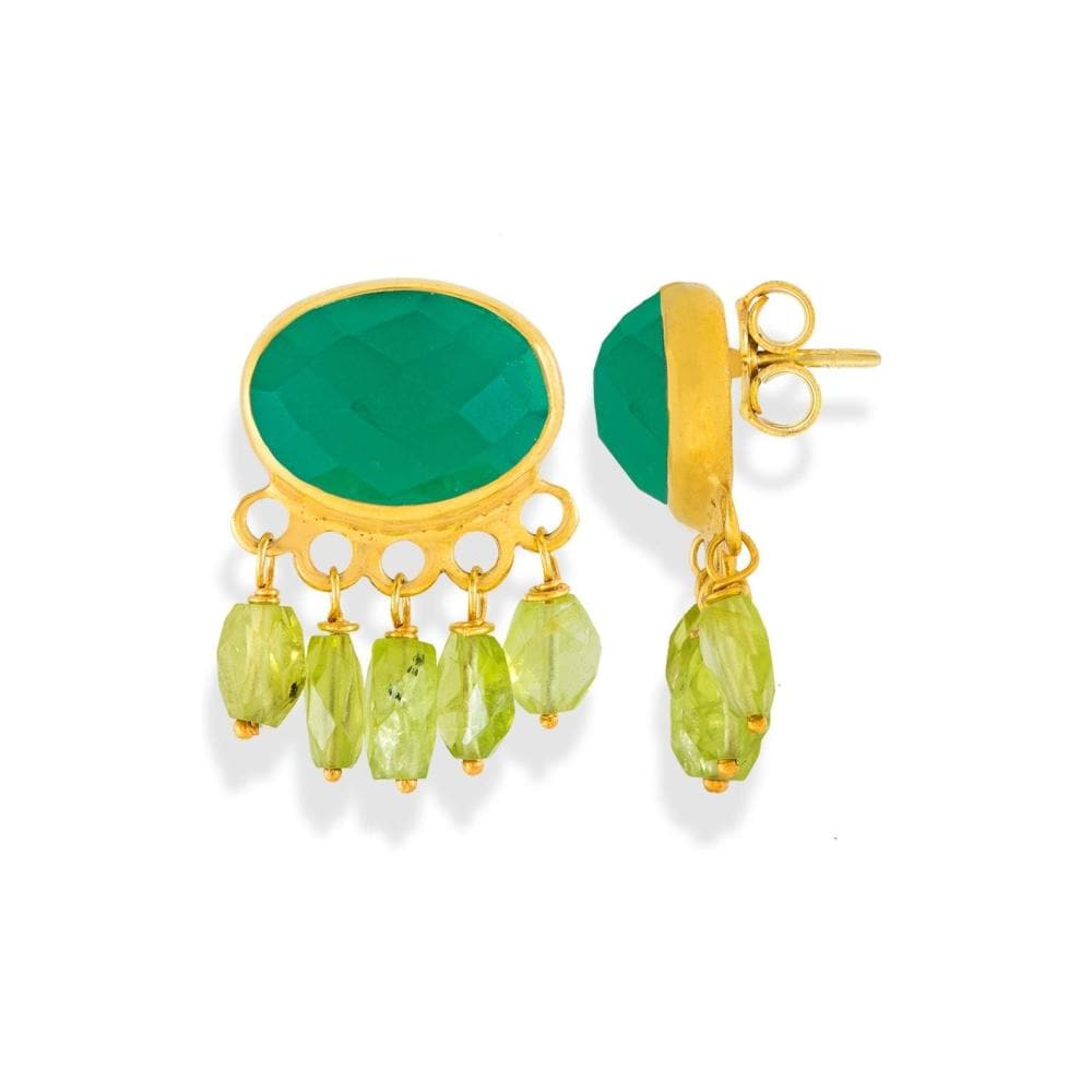 Handmade Gold Plated Silver Stud Earrings With Onyx & Peridot Gemstones - Anthos Crafts