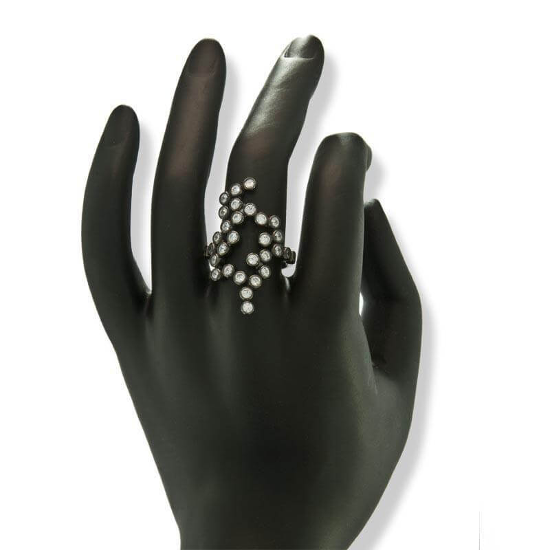 Black Plated Silver Long Ring With Clear Cubic Zirconia - Anthos Crafts