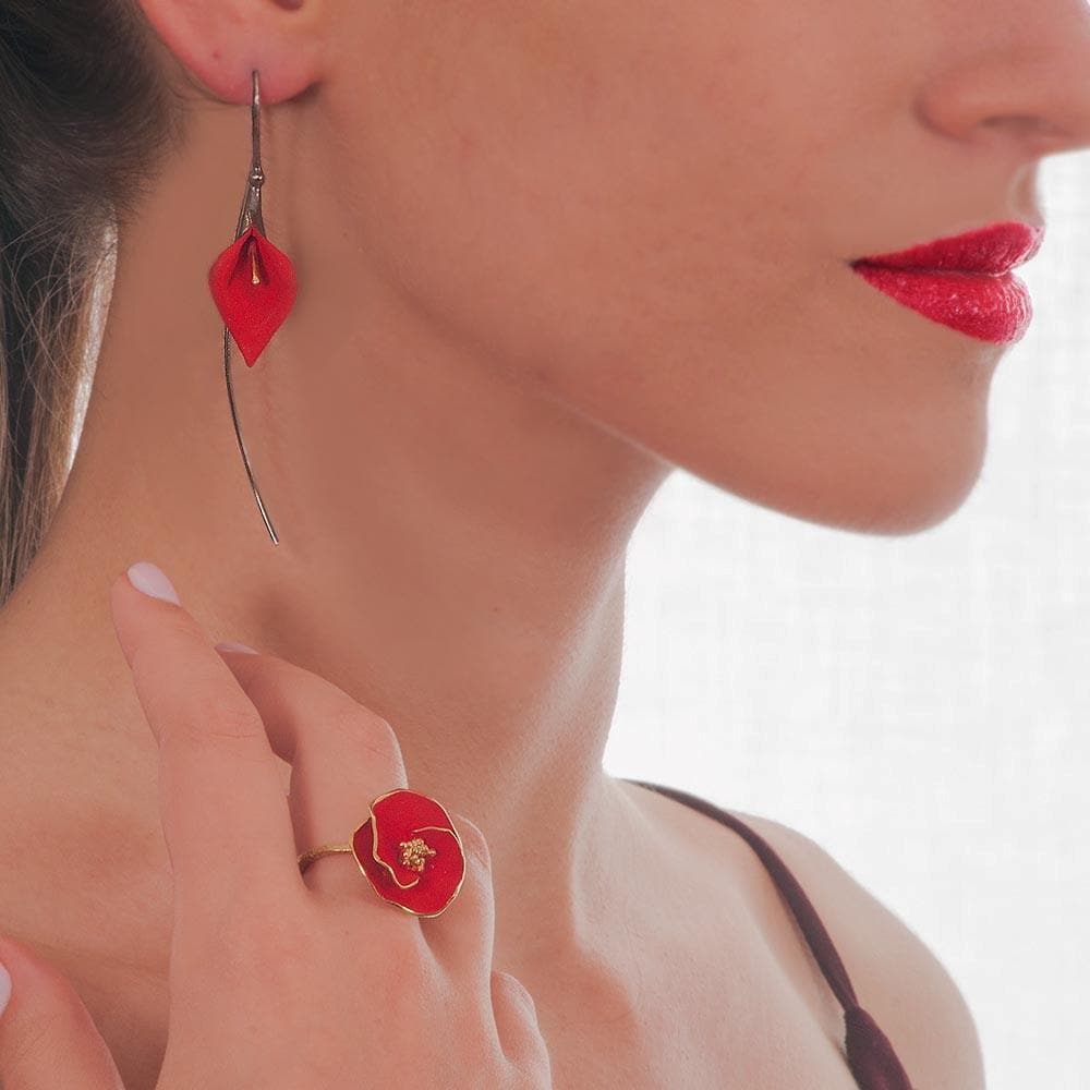 Handmade Gold Plated Silver Red Flower Ring - Anthos Crafts