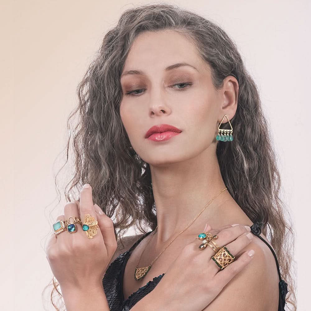 Handmade Gold Plated Silver Dangle Earrings With Green Onyx Gemstones - Anthos Crafts