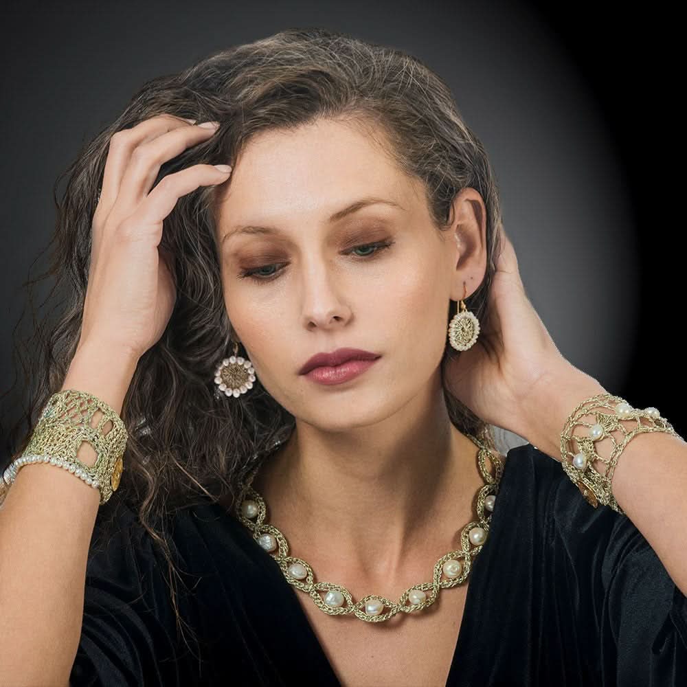 Handmade Gold Plated Crochet Choker Necklace with Pearls - Anthos Crafts