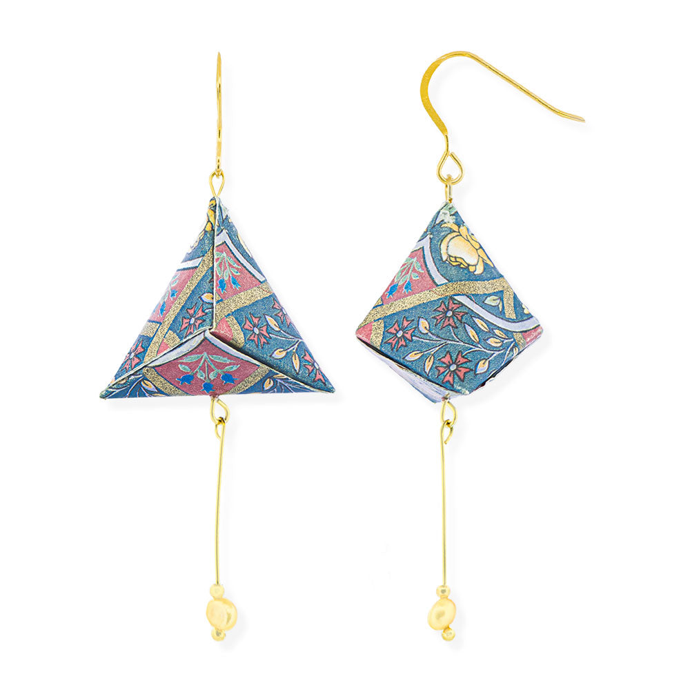 Origami Earrings Gold Pink Green Floating Pyramids With Gemstones - Anthos Crafts