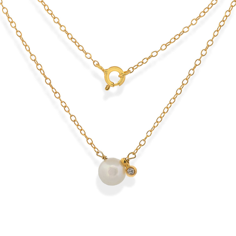 Handmade Short Gold Plated Silver Chain Necklace With Pearl &amp; Zircon - Anthos Crafts