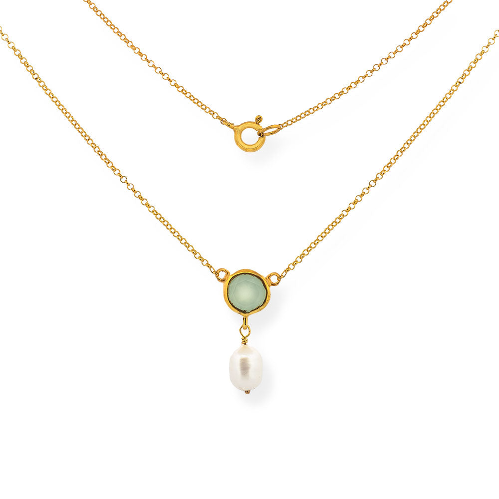 Handmade Short Gold Plated Silver Chain Necklace With Chalcedony &amp; Pearl - Anthos Crafts
