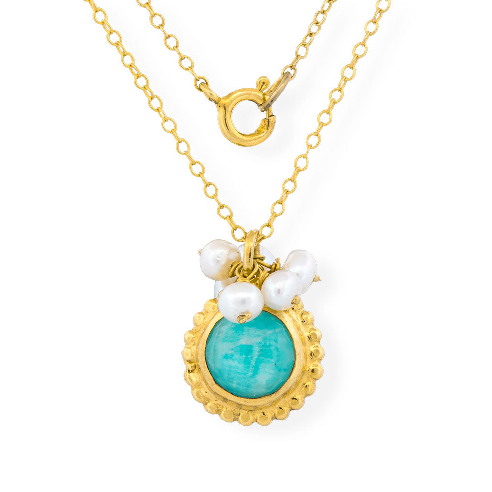 Handmade Gold Plated Silver Necklace With Amazonite &amp; Pearls