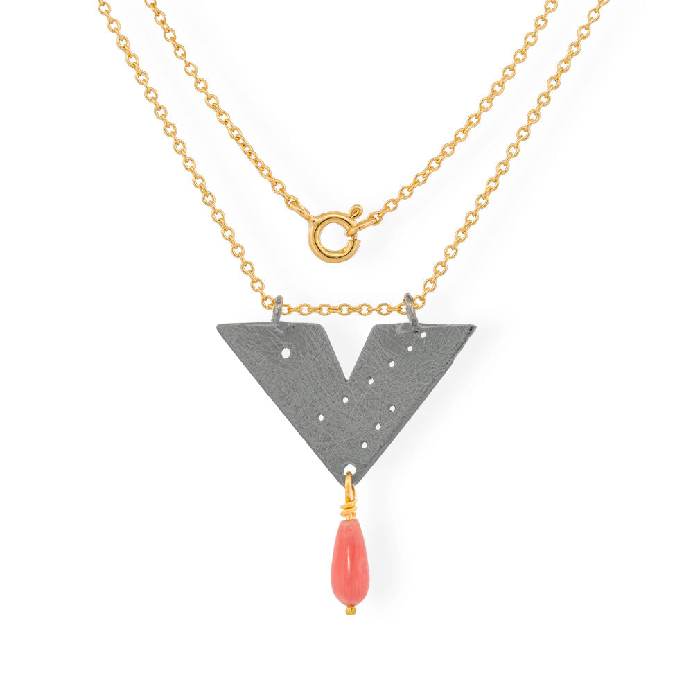 Χειροποίητο Επίχρυσο &amp; Μαύρο Ασημένιο Κολιέ με Κοράλλι