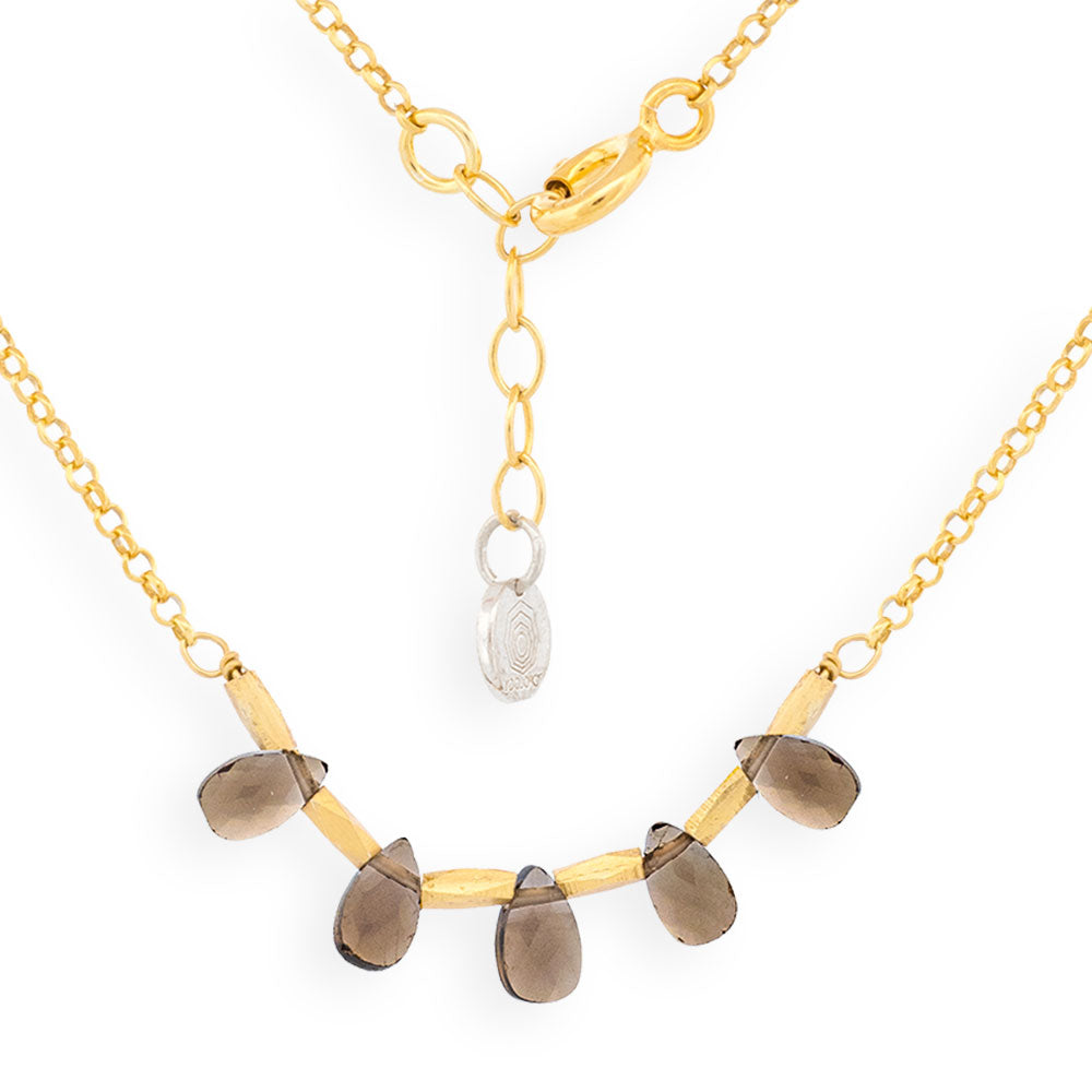Handmade Gold Plated Silver Necklace With 5 Smoky Quartz Tiny Drops - Anthos Crafts