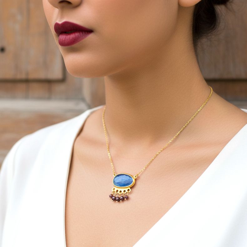 Handmade Short Gold Plated Silver Chain Necklace With Kyanite & Rhodolite Gemstones - Anthos Crafts