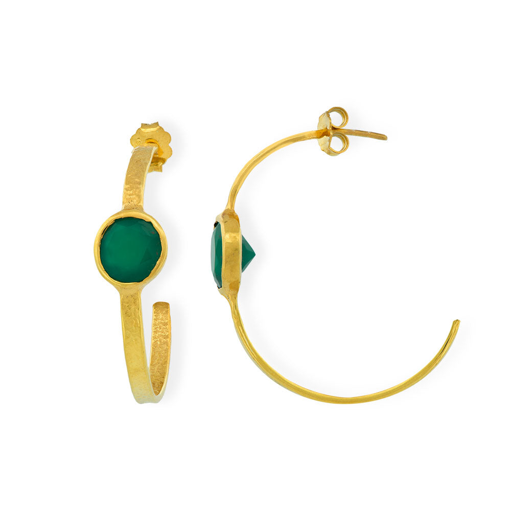 Handmade Gold Plated Silver Hammerred Hoop Earrings With Green Onyx - Anthos Crafts