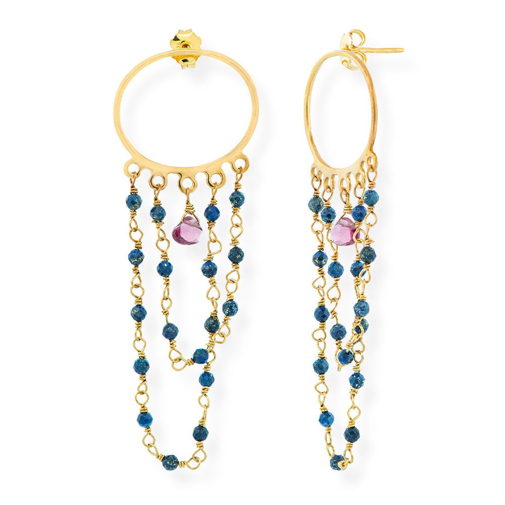 Handmade Gold Plated Silver Dangle Earrings With Lapis & Rhodolites - Anthos Crafts