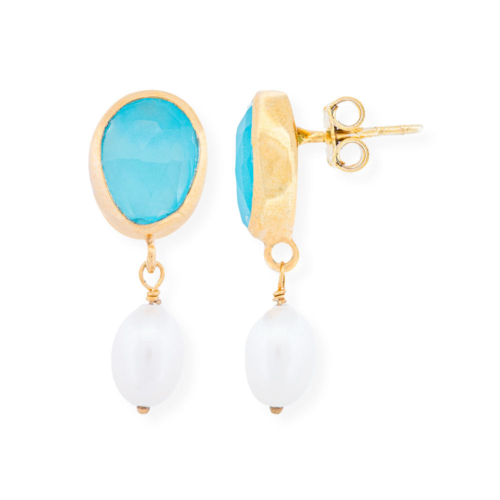 Handmade Gold Plated Silver Stud Earrings With Chalcedony & Pearl - Anthos Crafts