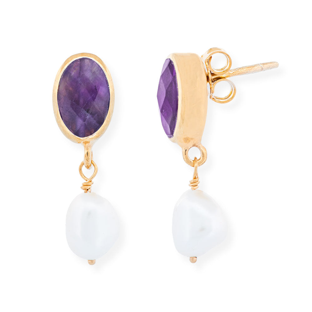 Handmade Gold Plated Silver Stud Earrings With Amethyst & Pearl - Anthos Crafts