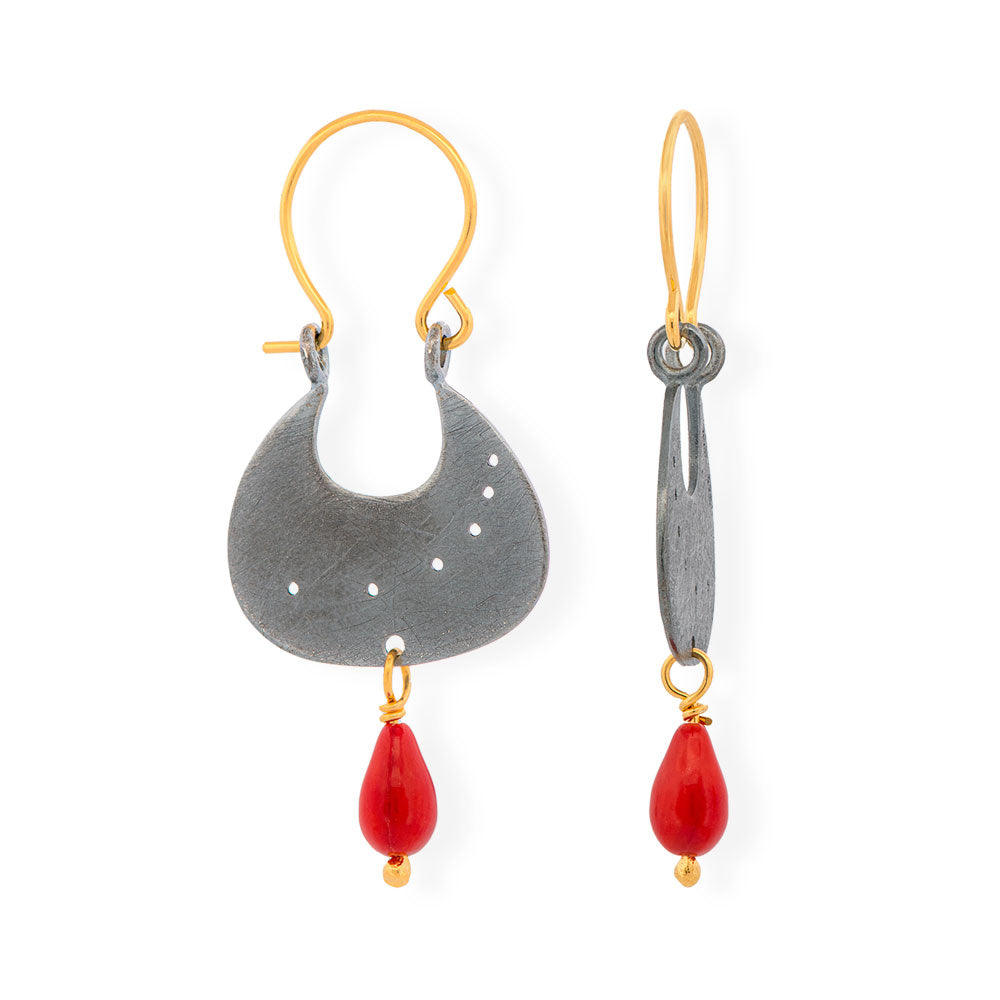 Handmade Gold & Black Plated Silver Earrings With Red Corals