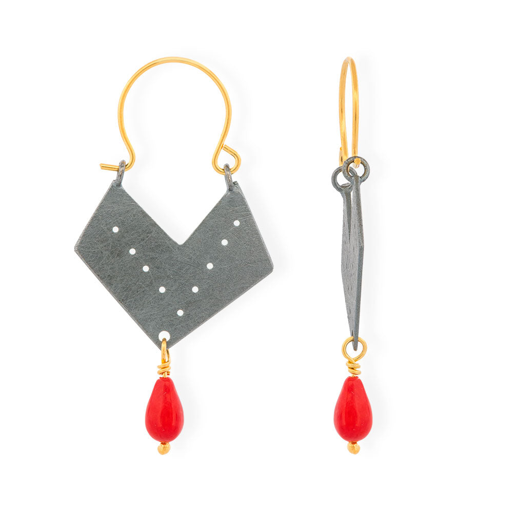 Handmade Gold &amp; Black Plated Silver Earrings With Red Corals