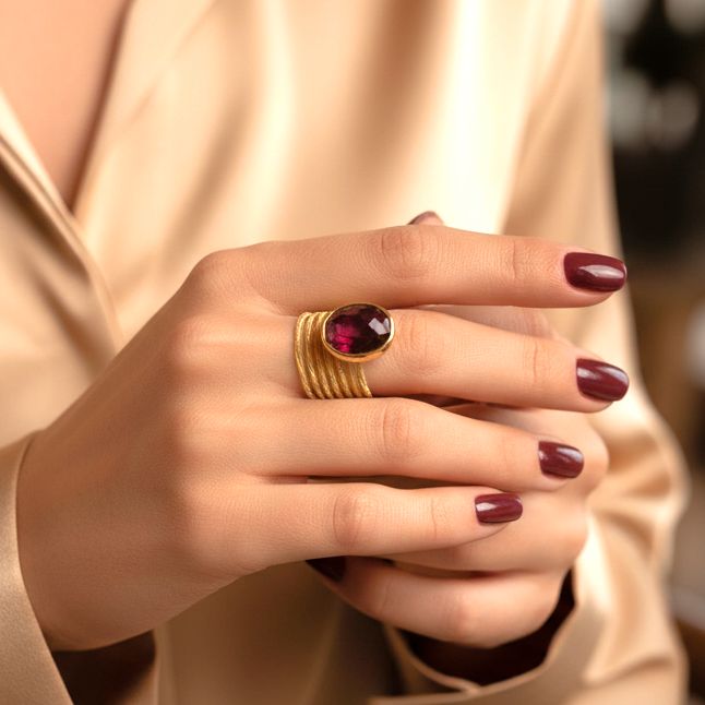 Handmade Gold Plated Silver Ring With Ruby Quartz Gemstone - Anthos Crafts