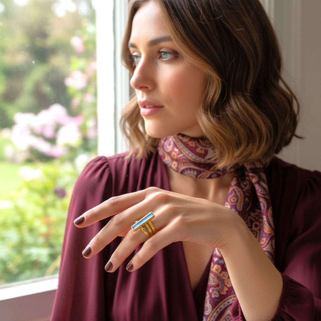 Χειροποίητο Επίχρυσο Ασημένιο Δαχτυλίδι με Κυανίτη &amp; Ρουμπίνι Χαλαζία