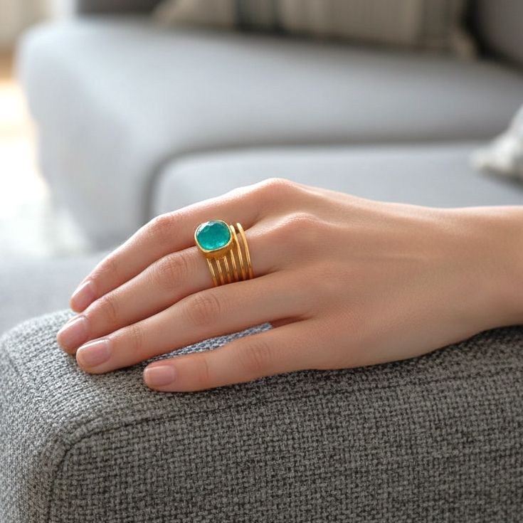 Handmade Gold Plated Silver Ring With Aqua Chalcedony Quartz - Anthos Crafts