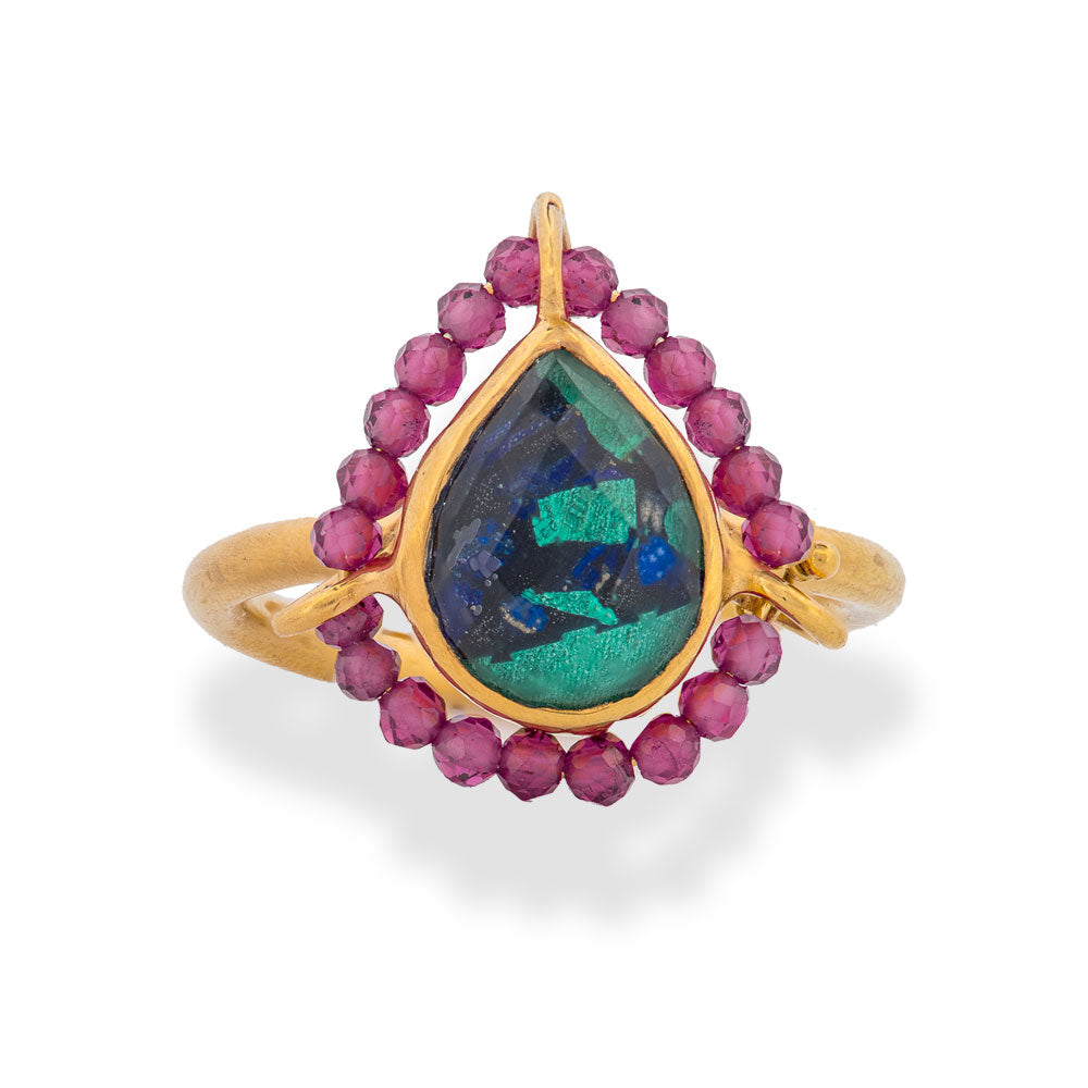 Handmade Gold Plated Silver Ring With Azurmalachite & Rhodolites - Anthos Crafts
