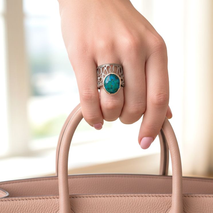 Handmade Black Plated Silver Ring With Chrysocolla Gemstone - Anthos Crafts