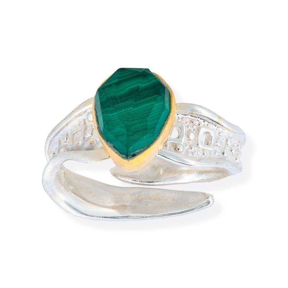 Handmade Silver Ring With Malachite Tear Stone - Anthos Crafts