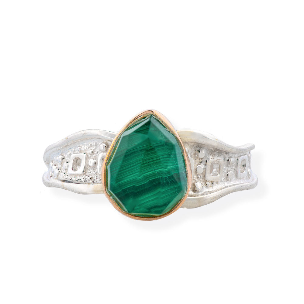 Handmade Silver Ring With Malachite Tear Stone - Anthos Crafts