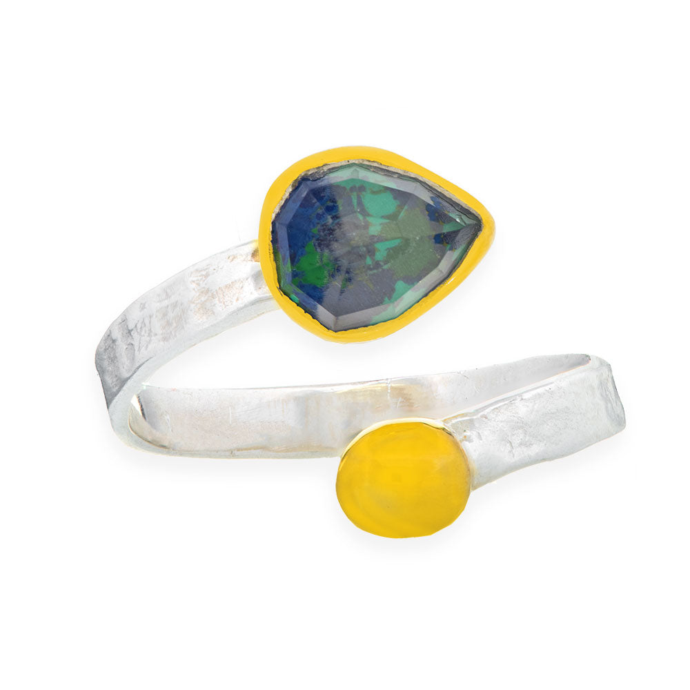 Handmade Silver Hammered Ring With Azurite Malachite Tear Stone - Anthos Crafts