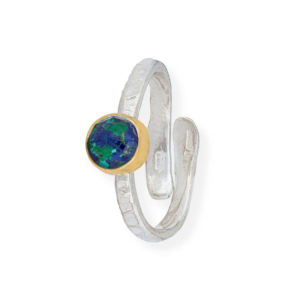 Handmade Silver Hammered Ring With Azurite Malachite - Anthos Crafts