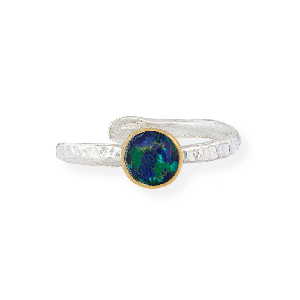 Handmade Silver Hammered Ring With Azurite Malachite - Anthos Crafts