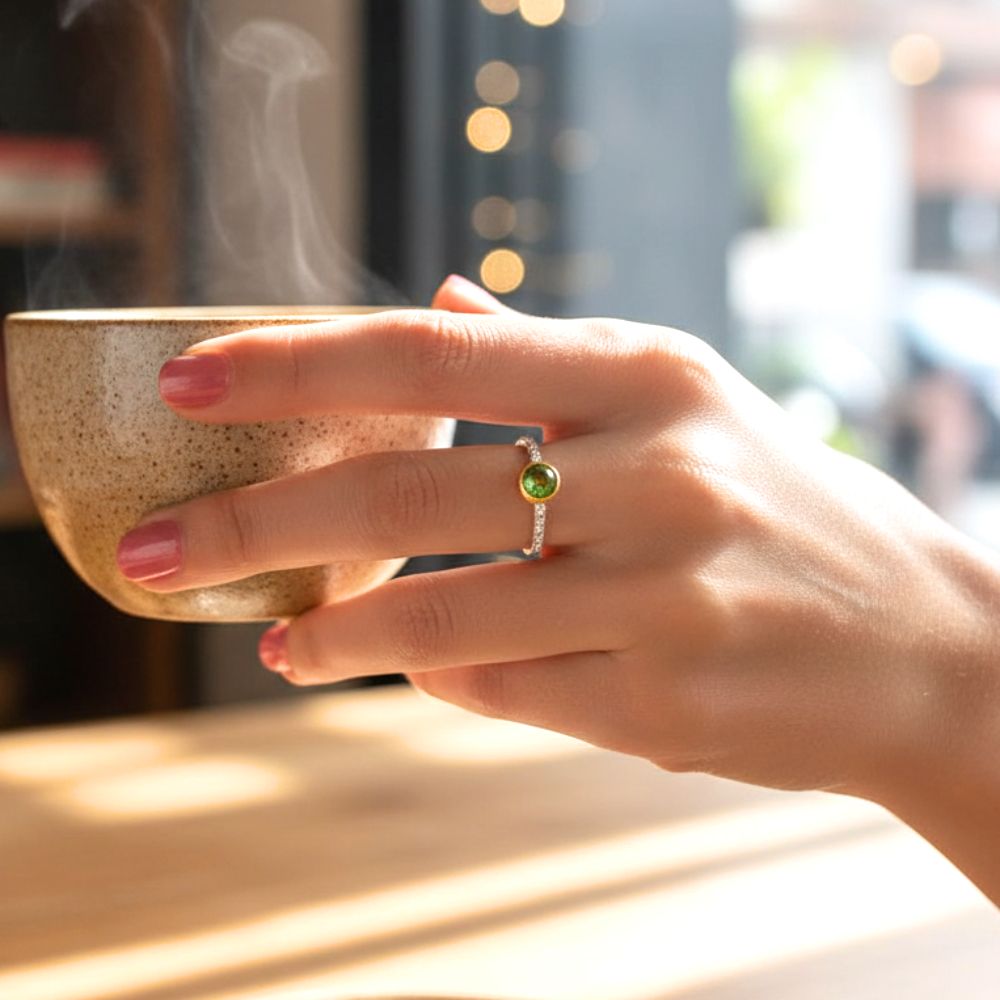 Handmade Silver Hammered Ring With Green Copper - Anthos Crafts