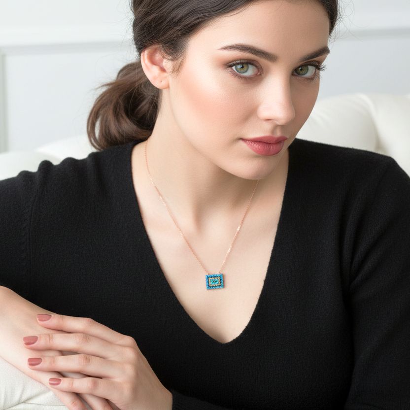 Short Rose Gold Plated Silver Necklace With Turquoise Cubic Zirconia Rectangular Eye - Anthos Crafts