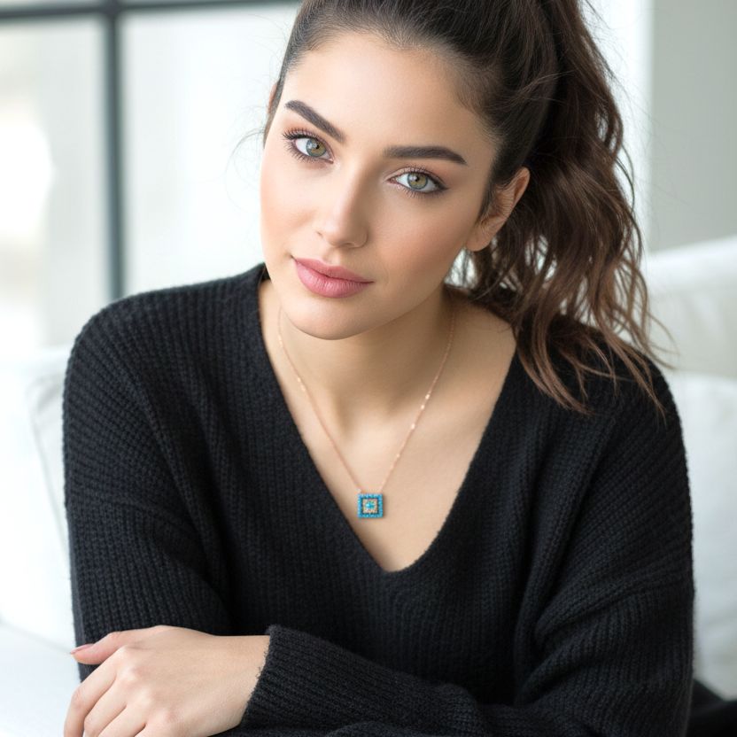 Short Rose Gold Plated Silver Necklace With Turquoise Cubic Zirconia Square Eye - Anthos Crafts