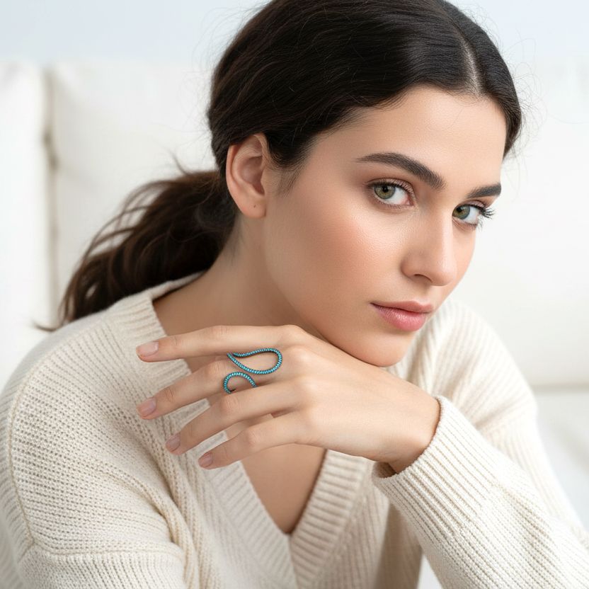 Rhodium Plated Silver Long Ring With Turquoise Cubic Zirconia - Anthos Crafts