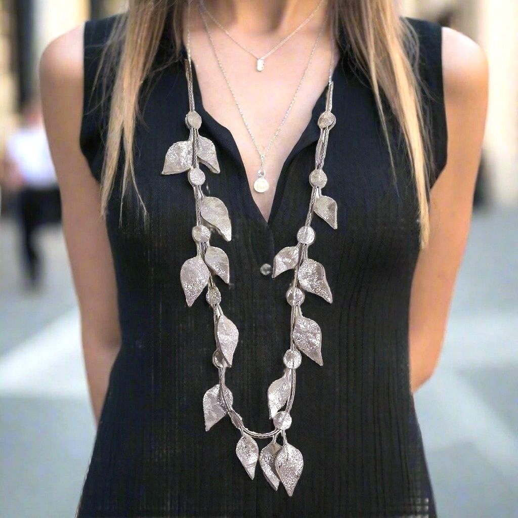 Handmade Silver Long Leather Leaves Necklace - Anthos Crafts