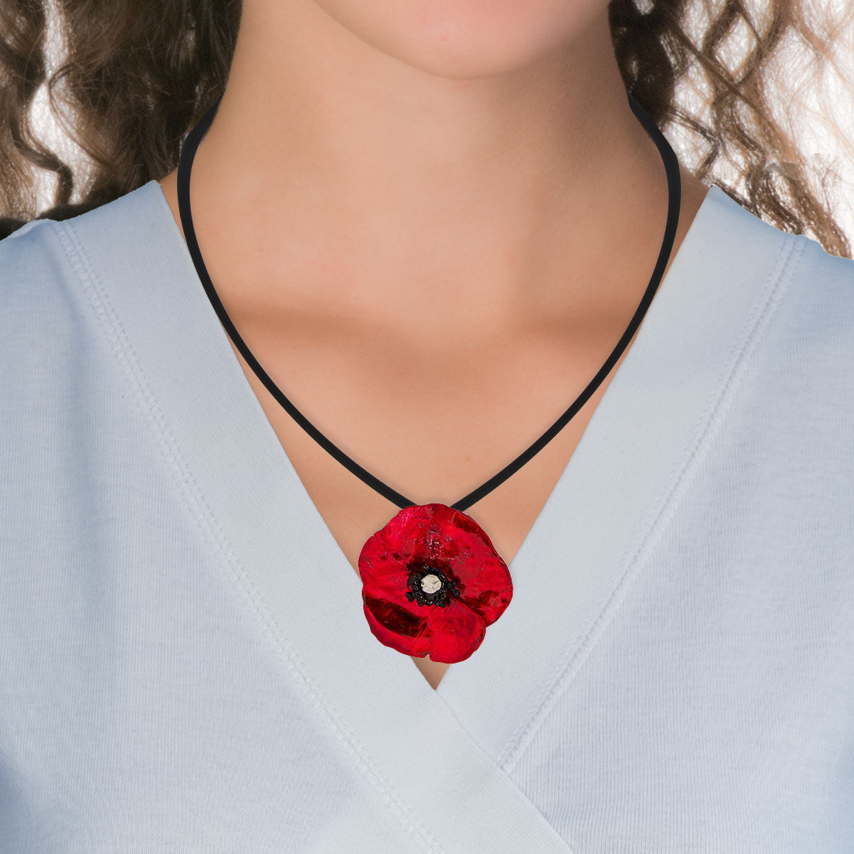 Handmade Silver Impressive Red Poppy Short Rubber Choker Necklace - Anthos Crafts