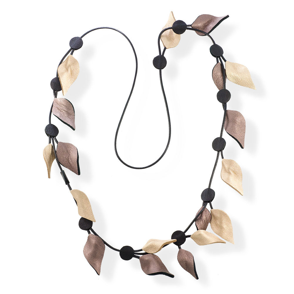 Handmade Long Leather Necklace Gold Black Leaves - Anthos Crafts