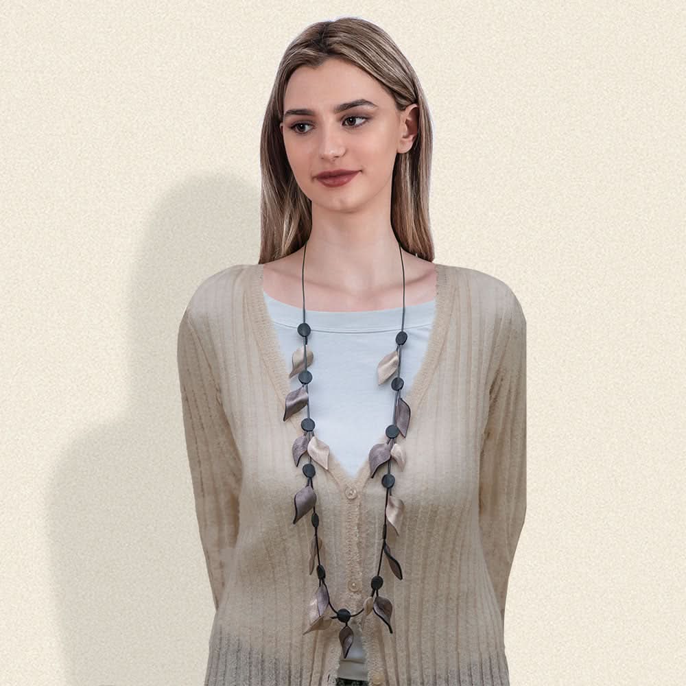 Handmade Long Leather Necklace Gold Black Leaves - Anthos Crafts